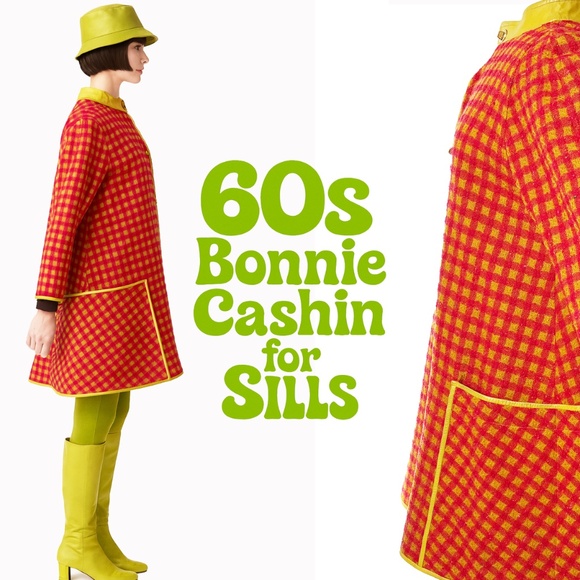 Bonnie Cashin for Sills Coat Large Pocket Pink Check Wool Lime Leather Trim 60s - Picture 3 of 14